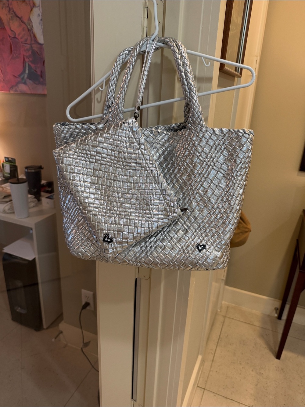 Woven Metallic Silver Tote with Matching Pouch